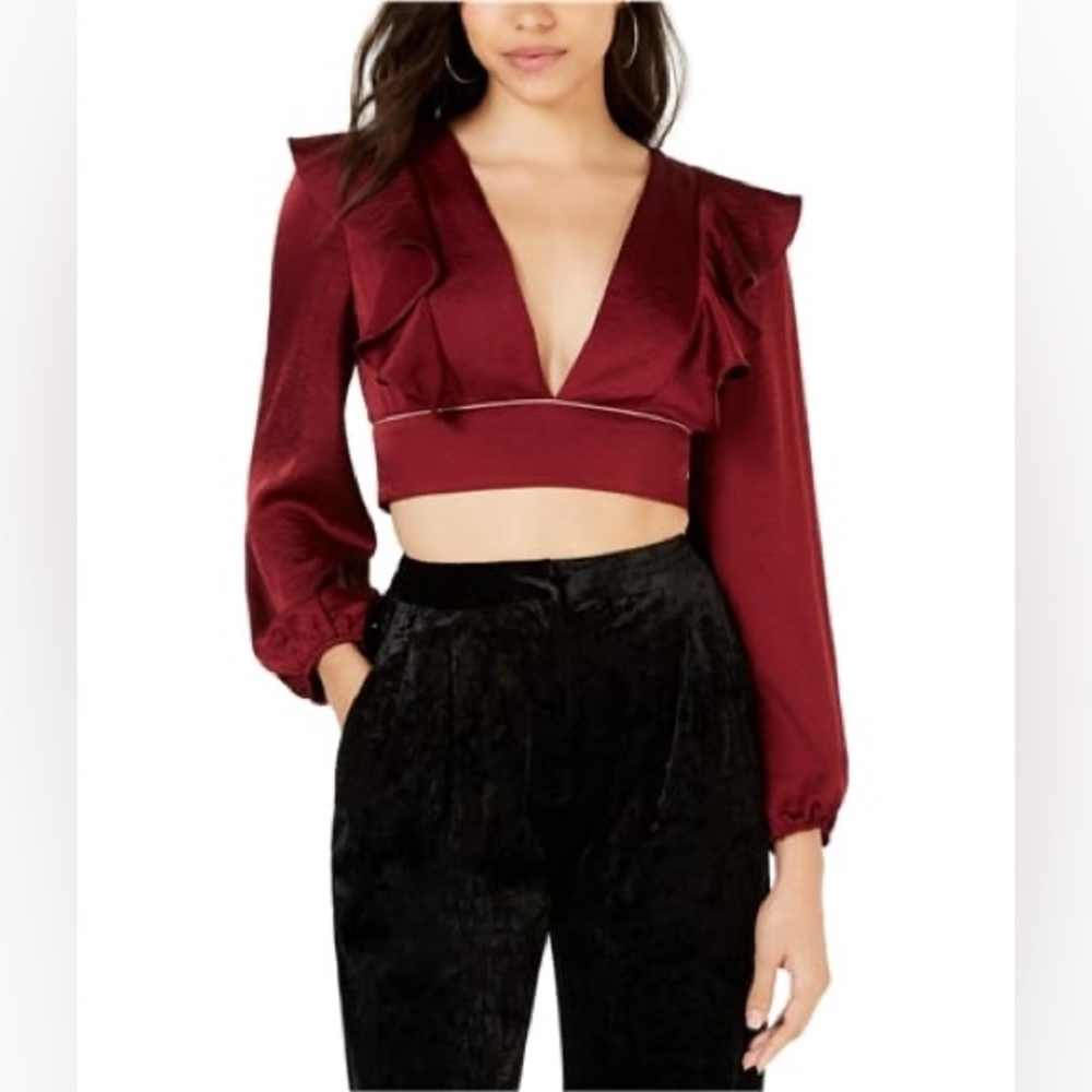 Wayf Ruffled Crop Top Blouse Shirt Red Size M